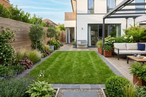 Giardino moderno con prato verde, patio in legno, piante rigogliose e siepe orizzontale in legno. Ottime idee siepe giardino per un design elegante.
