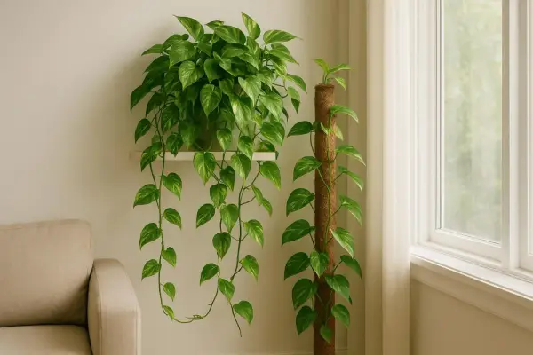 Un rigoglioso pothos pianta da interno decora un angolo accogliente, con le sue foglie che scendono da una mensola e si arrampicano su un tutore.